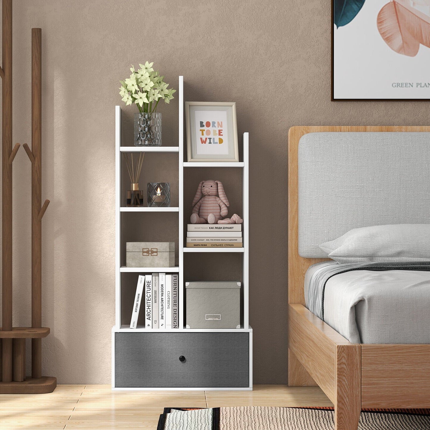 7-Tier Open-Back Bookshelf with Drawer, White