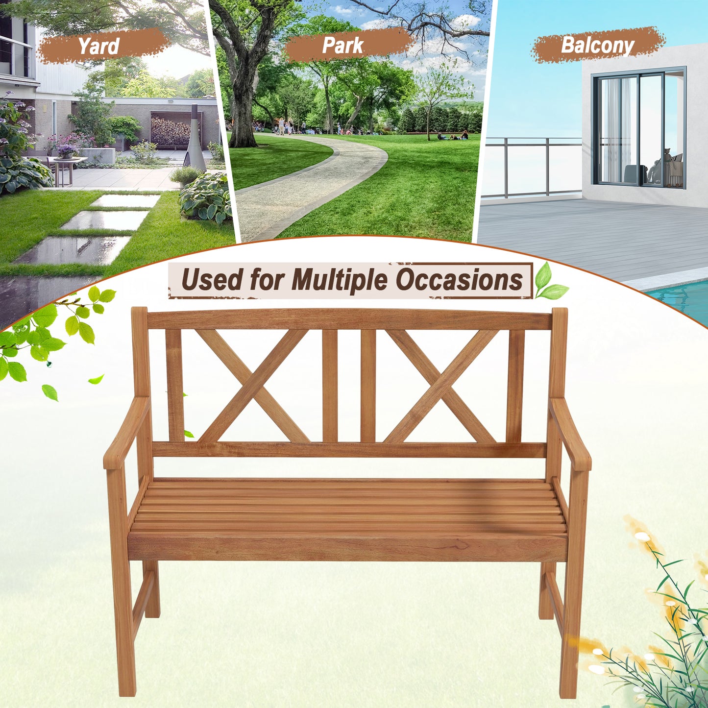 2-Person Wood Outdoor Bench with Cozy Armrest and Backrest, Brown Outdoor Benches at Gallery Canada