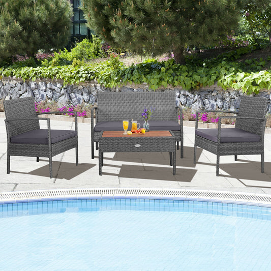 4 Piece Rattan Patio Set, Acacia Wood Tabletop, Gray
