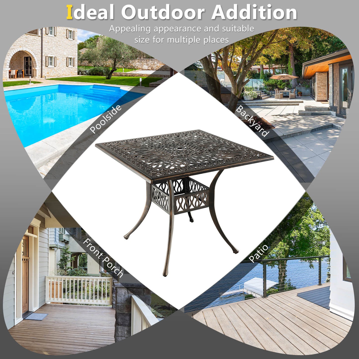 35.4 Inch Aluminum Square Dining Table, With Umbrella Hole, Bronze Patio Dining Tables at Gallery Canada