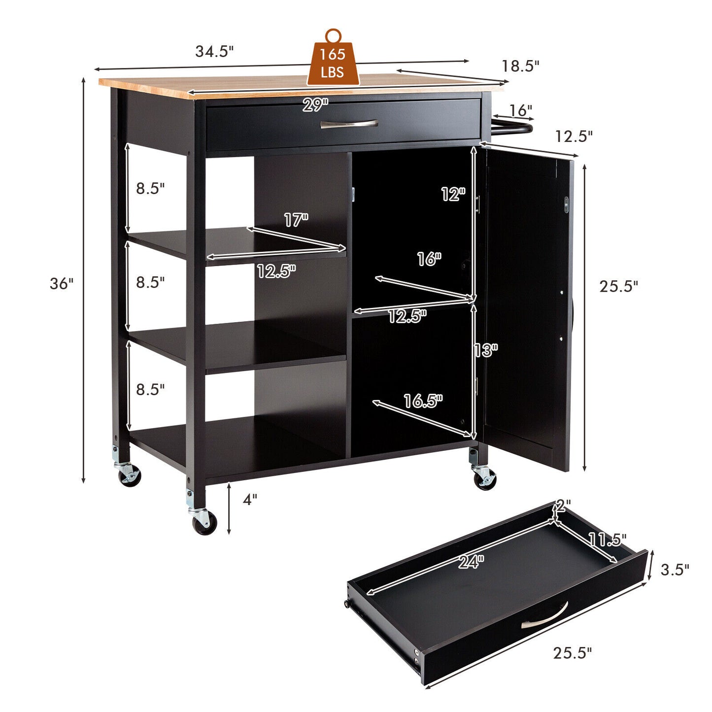 Mobile Kitchen Island Cart, Rubber Wood Top, Brown Kitchen Islands & Carts Brown at Gallery Canada