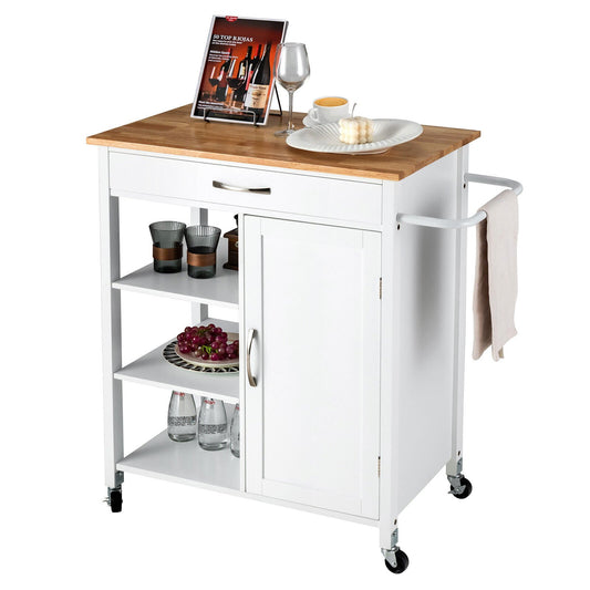 Mobile Kitchen Island Cart with Rubber Wood Top, White