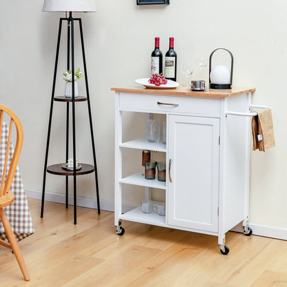 Mobile Kitchen Island Cart with Rubber Wood Top, White