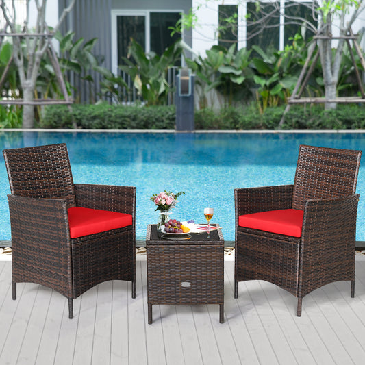 3Pcs Patio Rattan Furniture Set Cushioned Sofa and Glass Tabletop Deck, Red Patio Conversation Sets Red at Gallery Canada