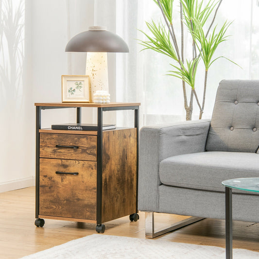 2 Drawer Mobile File Cabinet Printer Stand with Open Shelf for Letter Size, Rustic Brown File Cabinets Rustic Brown at Gallery Canada