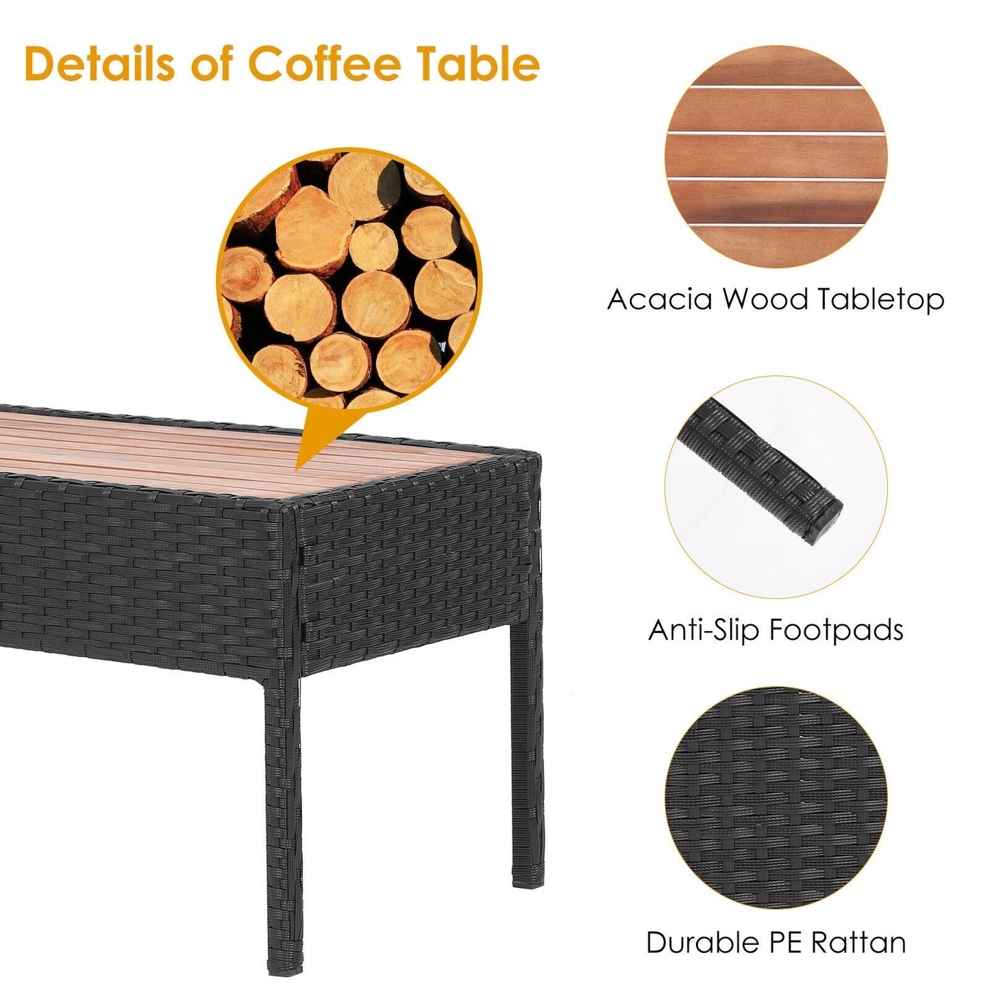4 Piece Patio Rattan Cushioned Furniture Set, Wooden Tabletop, Black Patio Conversation Sets at Gallery Canada