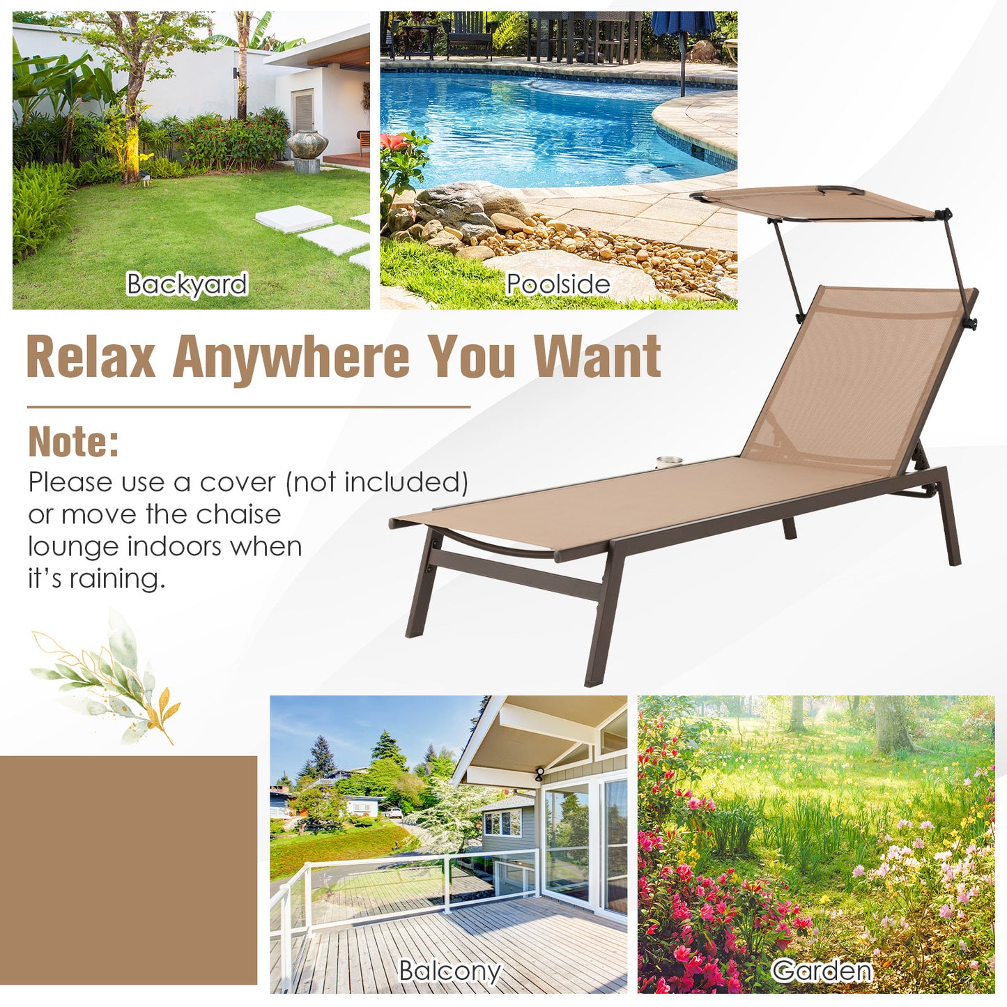 Outdoor Chaise Lounge Chair, Sunshade, 6 Adjustable Positions, Brown Outdoor Chaise Lounges at Gallery Canada