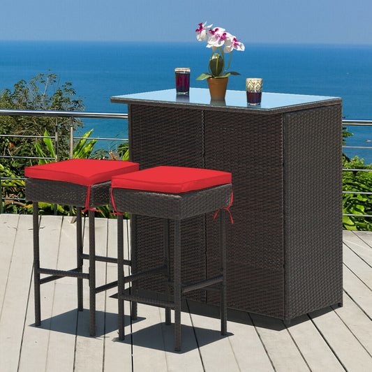 3 Pieces Patio Rattan Wicker Bar Table Stools Dining Set, Red Patio Bar Furniture Red at Gallery Canada