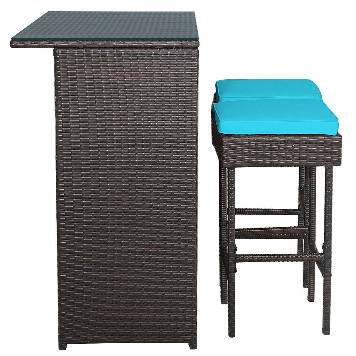 3 Pieces Patio Rattan Wicker Bar Table Stools Dining Set, Turquoise Patio Bar Furniture at Gallery Canada