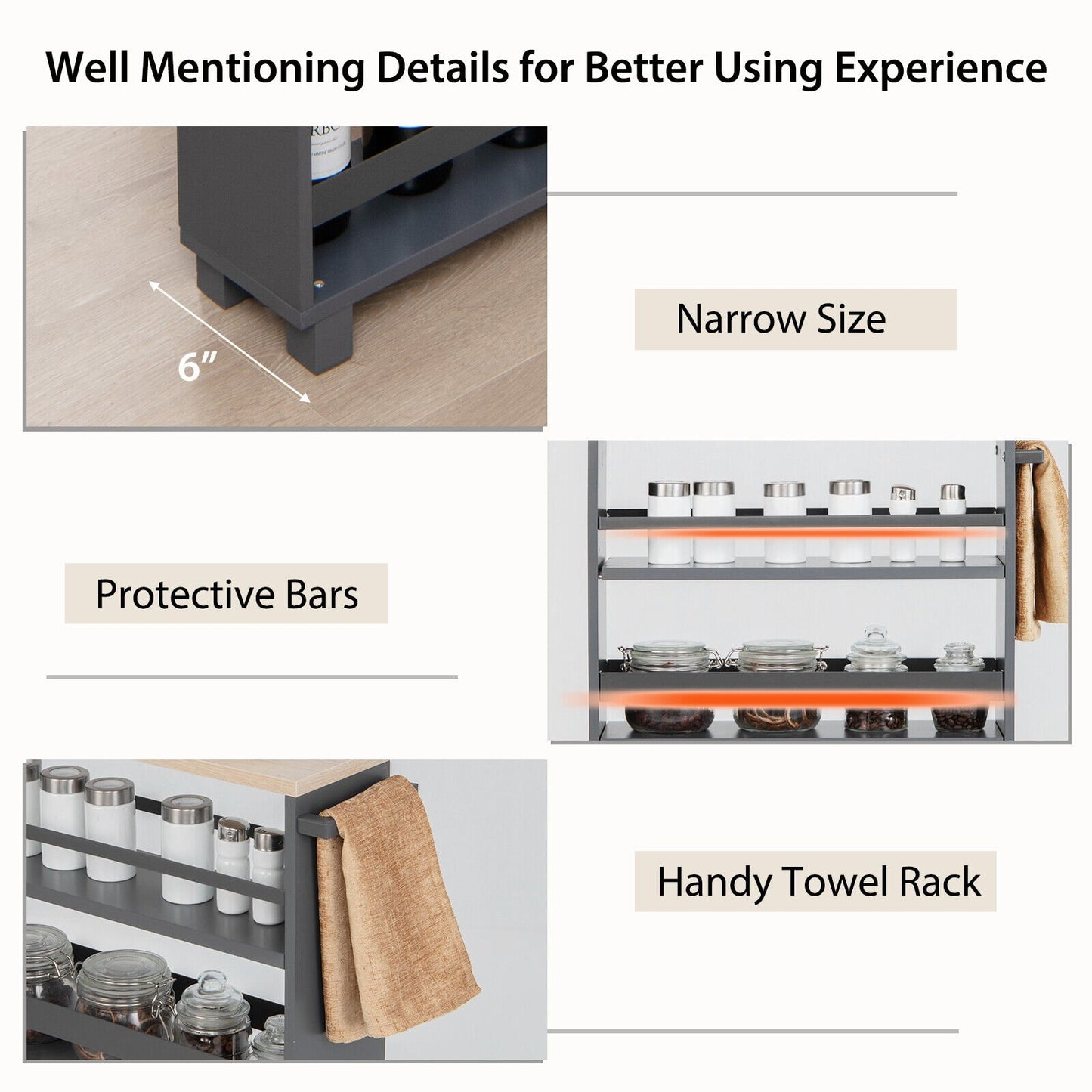 4-Tier Slim Kitchen Storage Cart Narrow Slide Out Trolley Adjustable Shelf, Gray