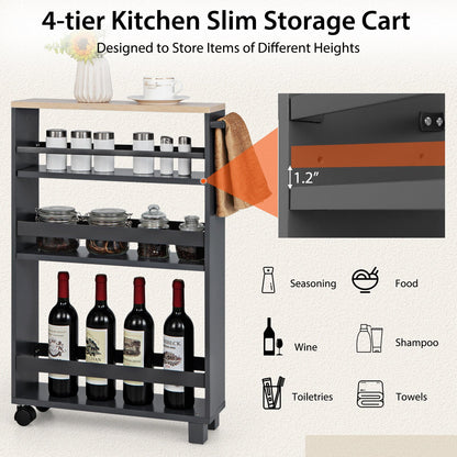 4-Tier Slim Kitchen Storage Cart Narrow Slide Out Trolley Adjustable Shelf, Gray
