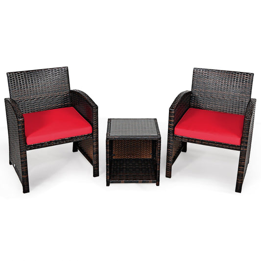 3 Pieces PE Rattan Wicker Furniture Set with Cushion Sofa Coffee Table for Garden, Red