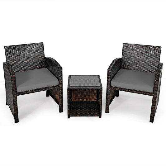 3 Pieces PE Rattan Wicker Furniture Set with Cushion Sofa Coffee Table for Garden, Gray at Gallery Canada