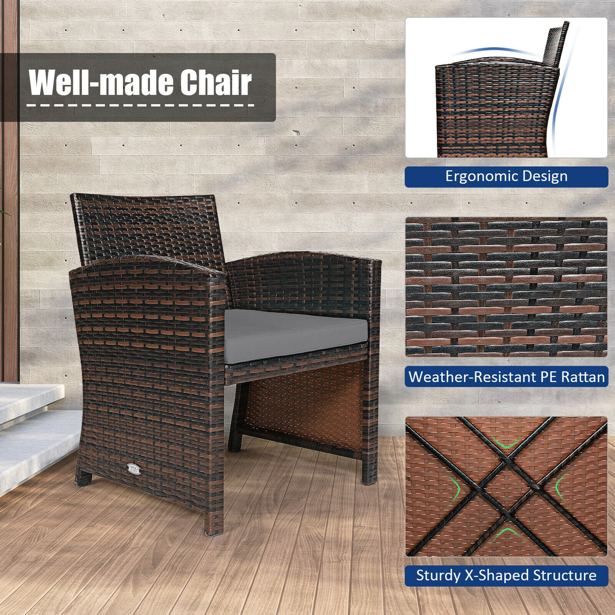 3-Piece PE Rattan Wicker Furniture Set, With Cushion Sofa Coffee Table, Gray Patio Conversation Sets at Gallery Canada