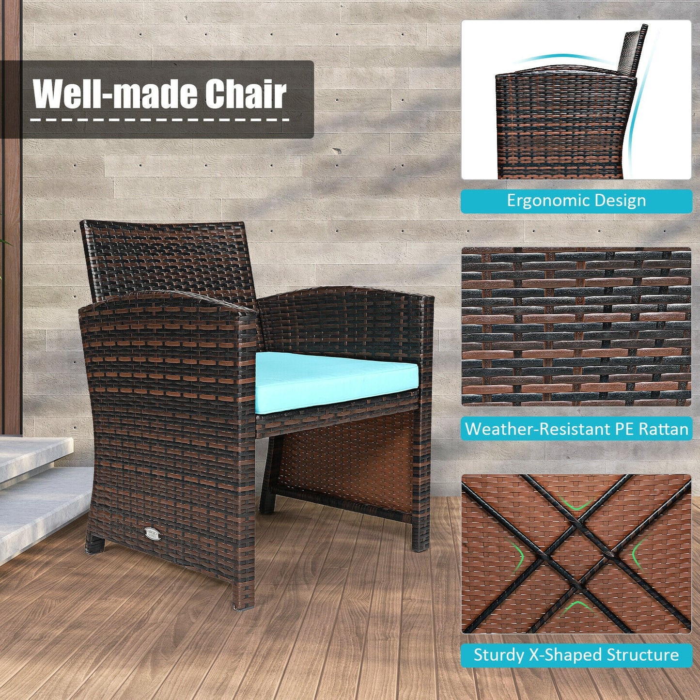 3-Piece PE Rattan Wicker Furniture Set, Sofa Coffee Table, Turquoise Patio Conversation Sets at Gallery Canada