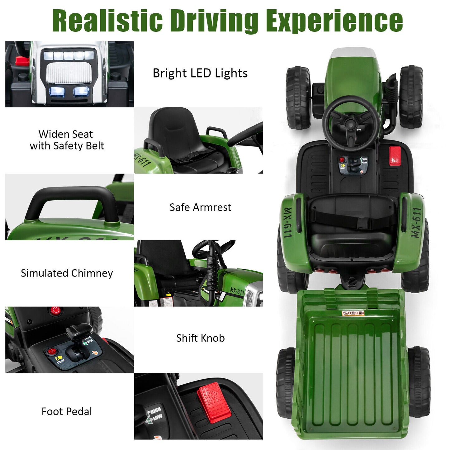 12V Ride on Tractor with 3-Gear-Shift Ground Loader for Kids 3+ Years Old, Dark Green Powered Ride On Toys at Gallery Canada