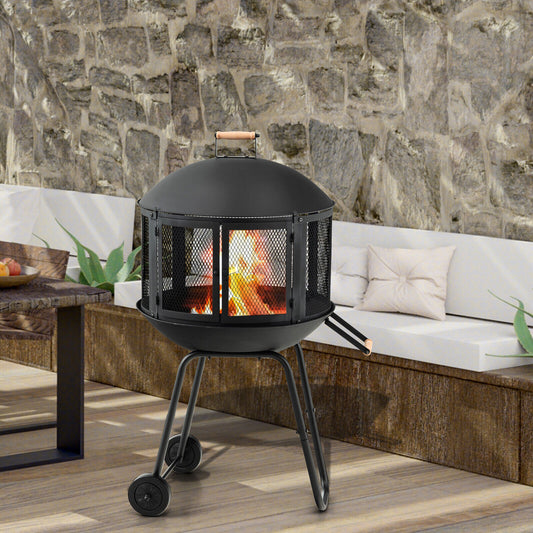 28 Inch Portable Fire Pit on Wheels with Log Grate, Black Fire Pits Black at Gallery Canada
