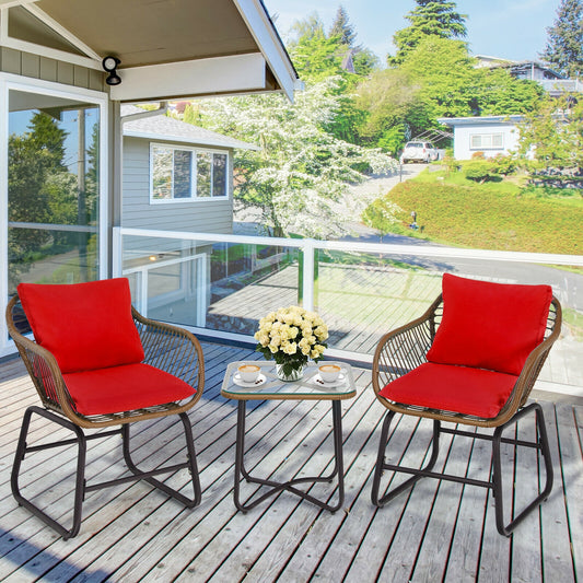 Patio Rattan Bistro Set, 3 Pieces, With Cushions And Glass Table, Red Patio Conversation Sets Red at Gallery Canada
