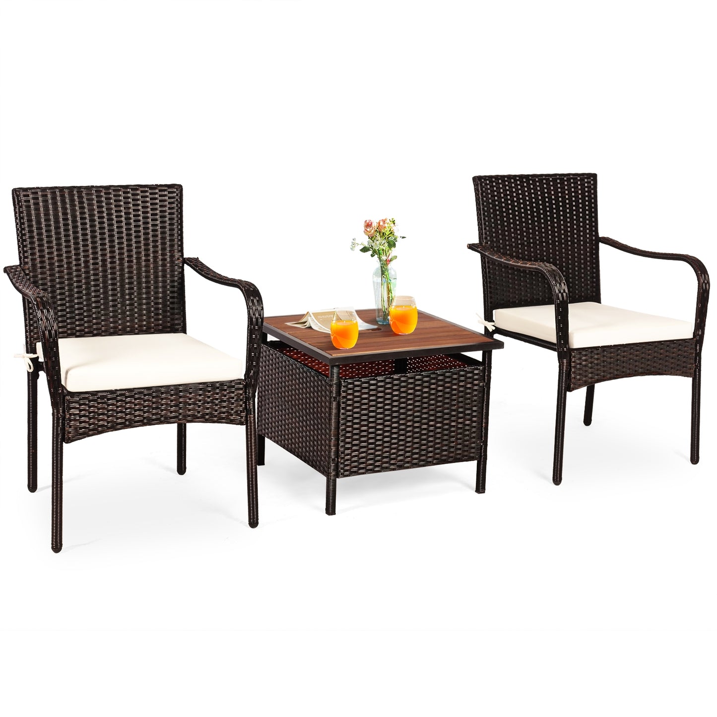 3 Pieces Patio Rattan Furniture Bistro Set with Wood Side Table and Stackable Chair Patio Conversation Sets at Gallery Canada