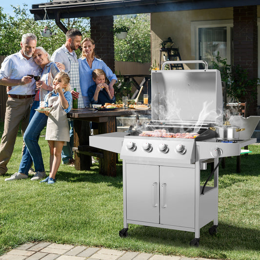 50000 BTU 5-Burner Propane Gas Grill, Side Burner, 2 Prep Tables, Silver Outdoor Grills Silver at Gallery Canada