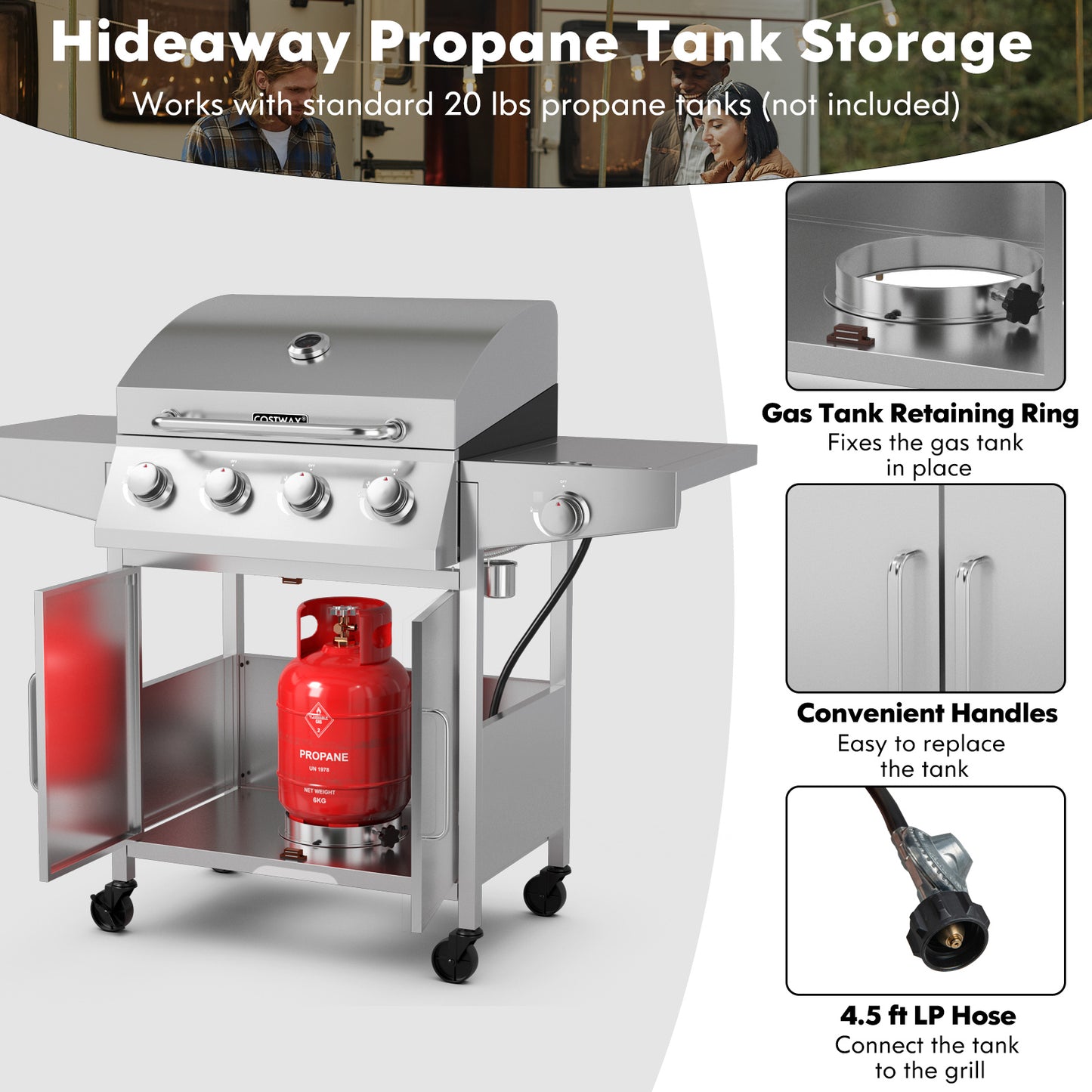 50000BTU 5-Burner Propane Gas Grill with Side Burner and 2 Prep Tables, Silver Outdoor Grills at Gallery Canada