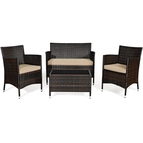 4 Pieces Comfortable Outdoor Rattan Sofa Set with Glass Coffee Table, Light Brown