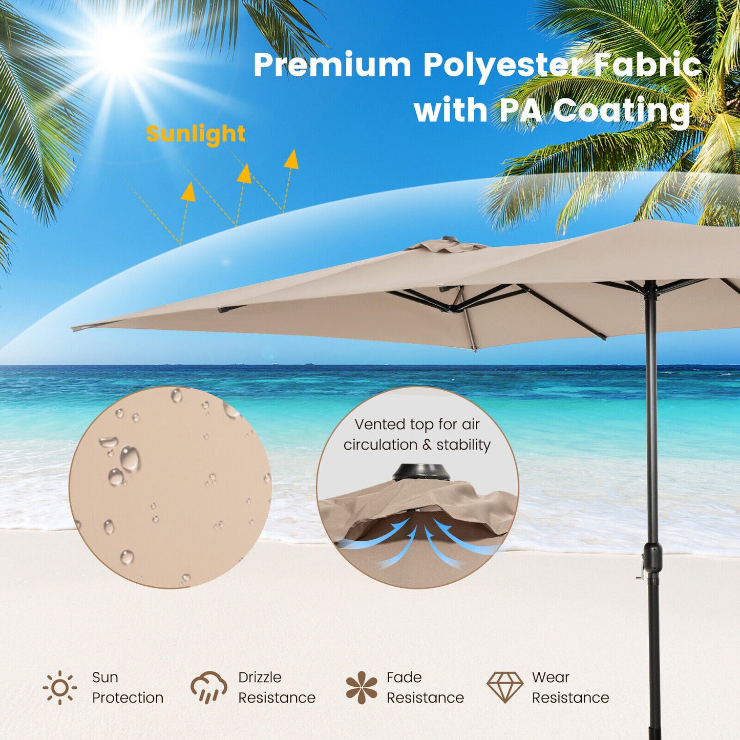 15 Feet Double-Sized Patio Umbrella with Crank Handle and Vented Tops, Brown Outdoor Umbrellas at Gallery Canada