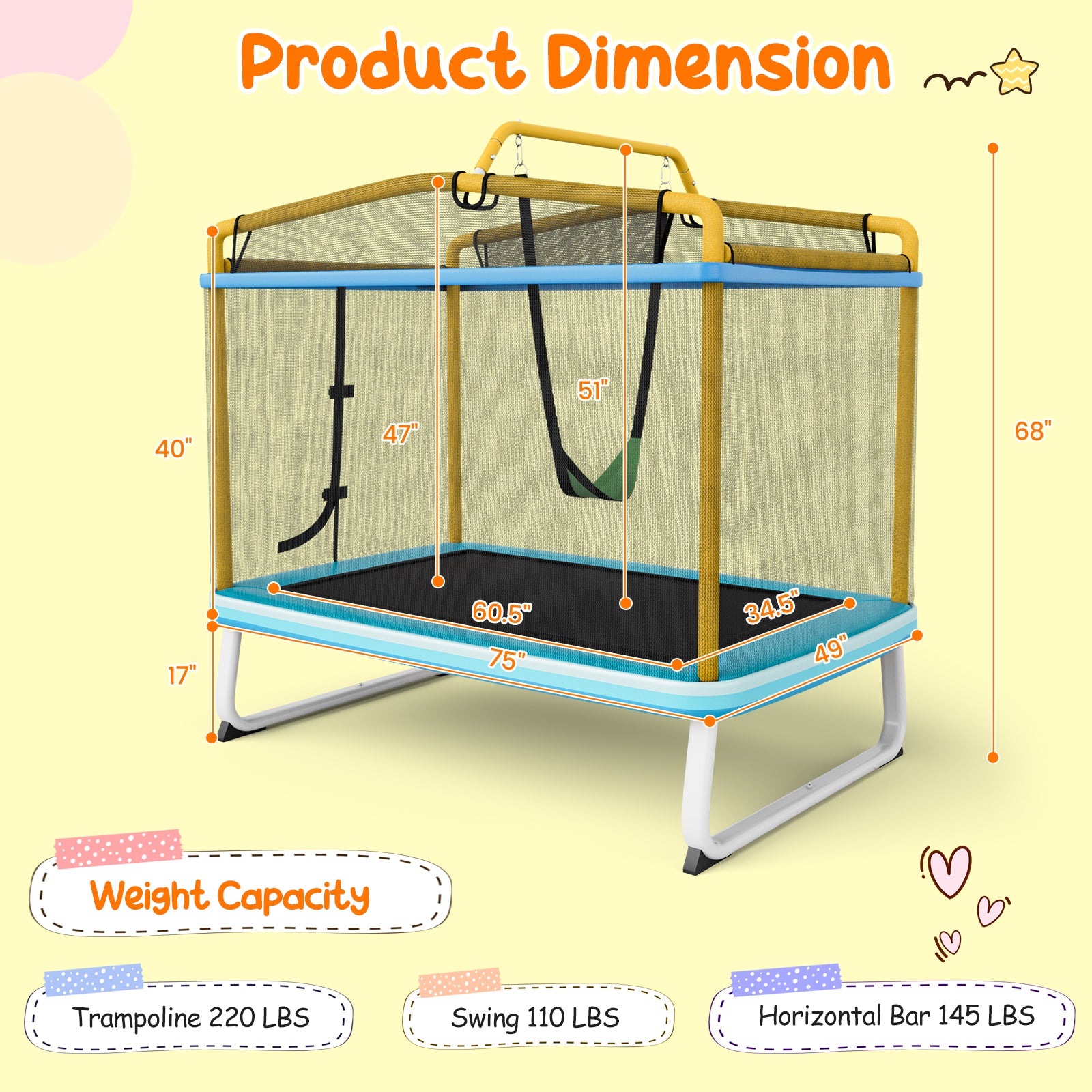 6 Feet Rectangle Trampoline with Swing Horizontal Bar and Safety Net, Yellow Trampolines at Gallery Canada