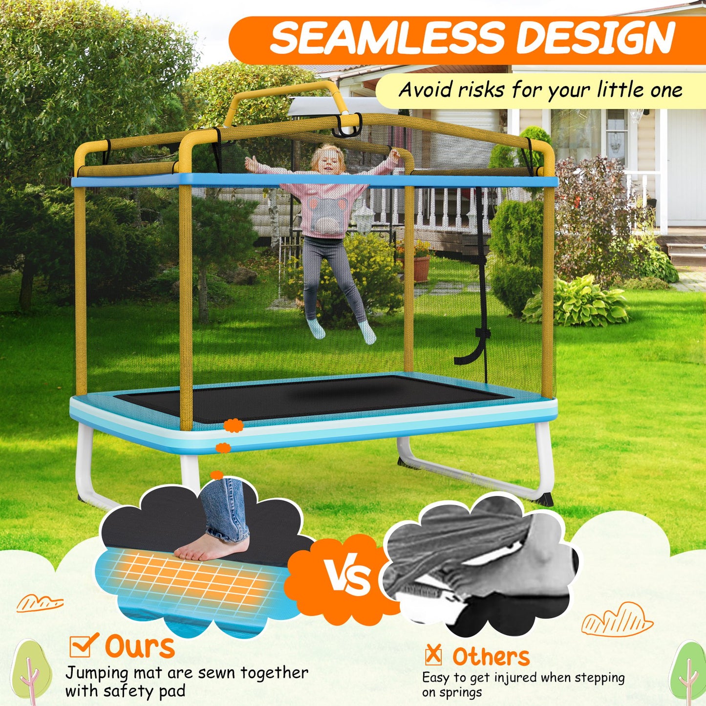 6 Feet Rectangle Trampoline with Swing Horizontal Bar and Safety Net, Yellow