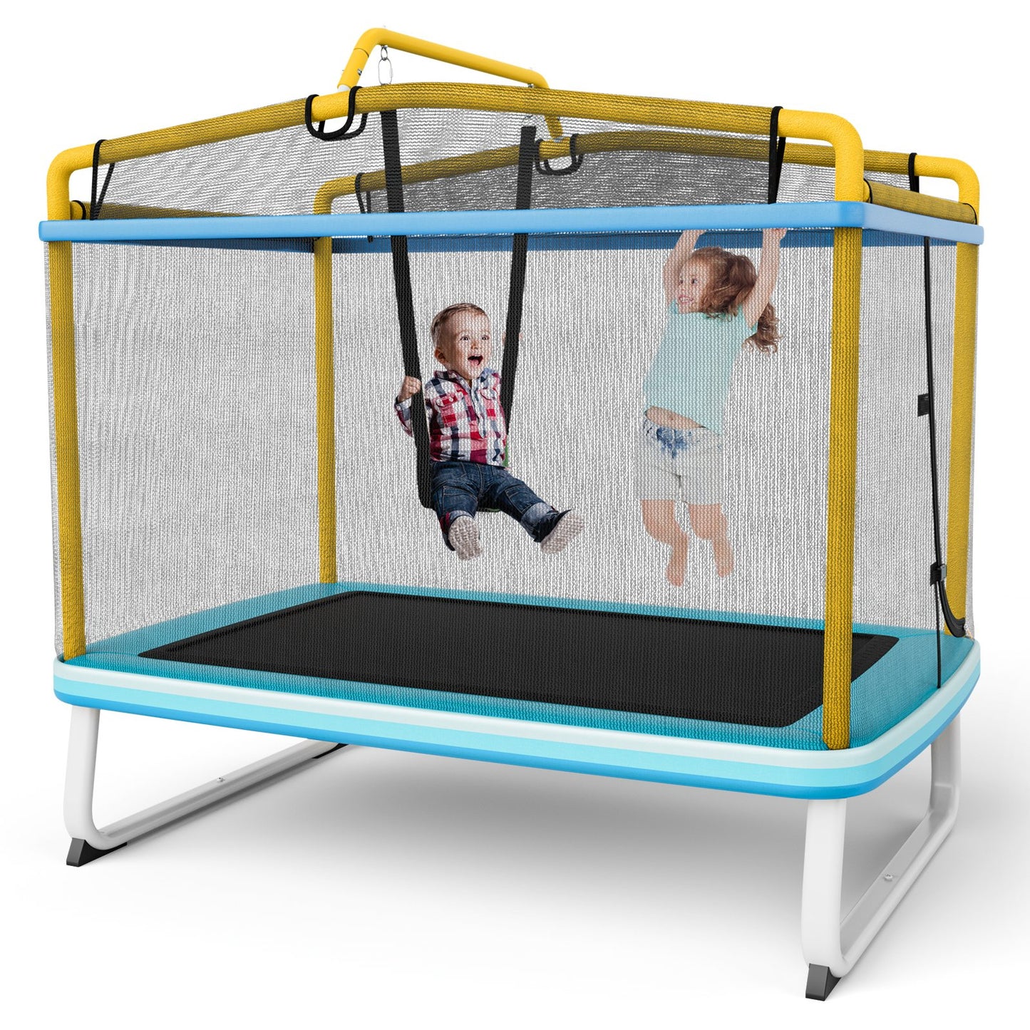 6 Feet Rectangle Trampoline with Swing Horizontal Bar and Safety Net, Yellow