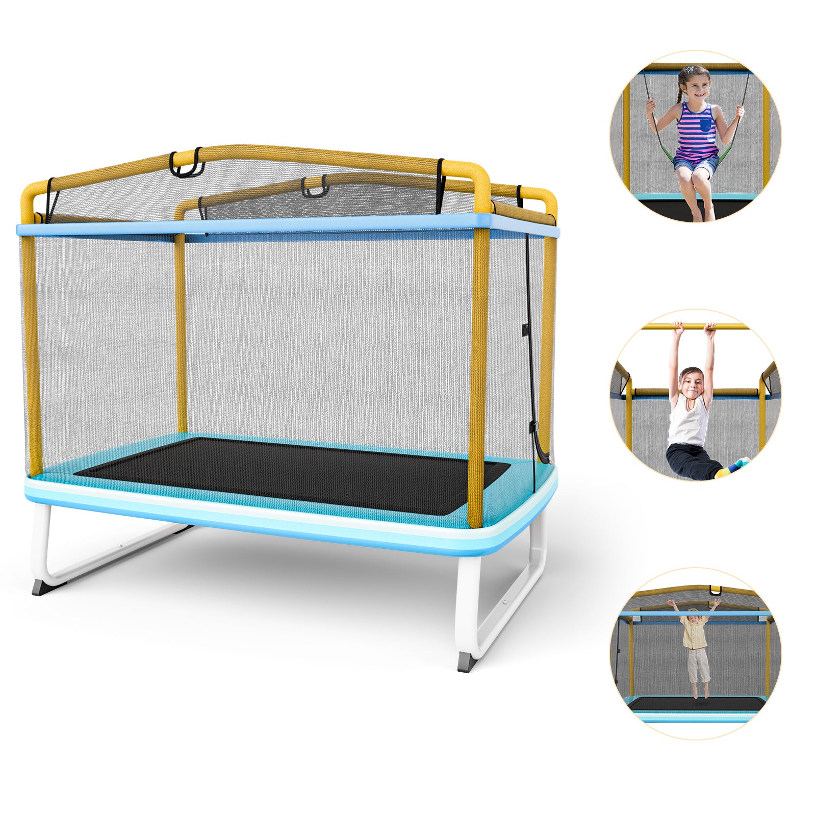 6 Feet Rectangle Trampoline with Swing Horizontal Bar and Safety Net, Yellow Trampolines at Gallery Canada