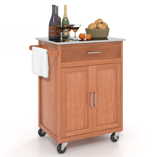 Wooden Kitchen Rolling Storage Cabinet with Stainless Steel Top, Brown at Gallery Canada