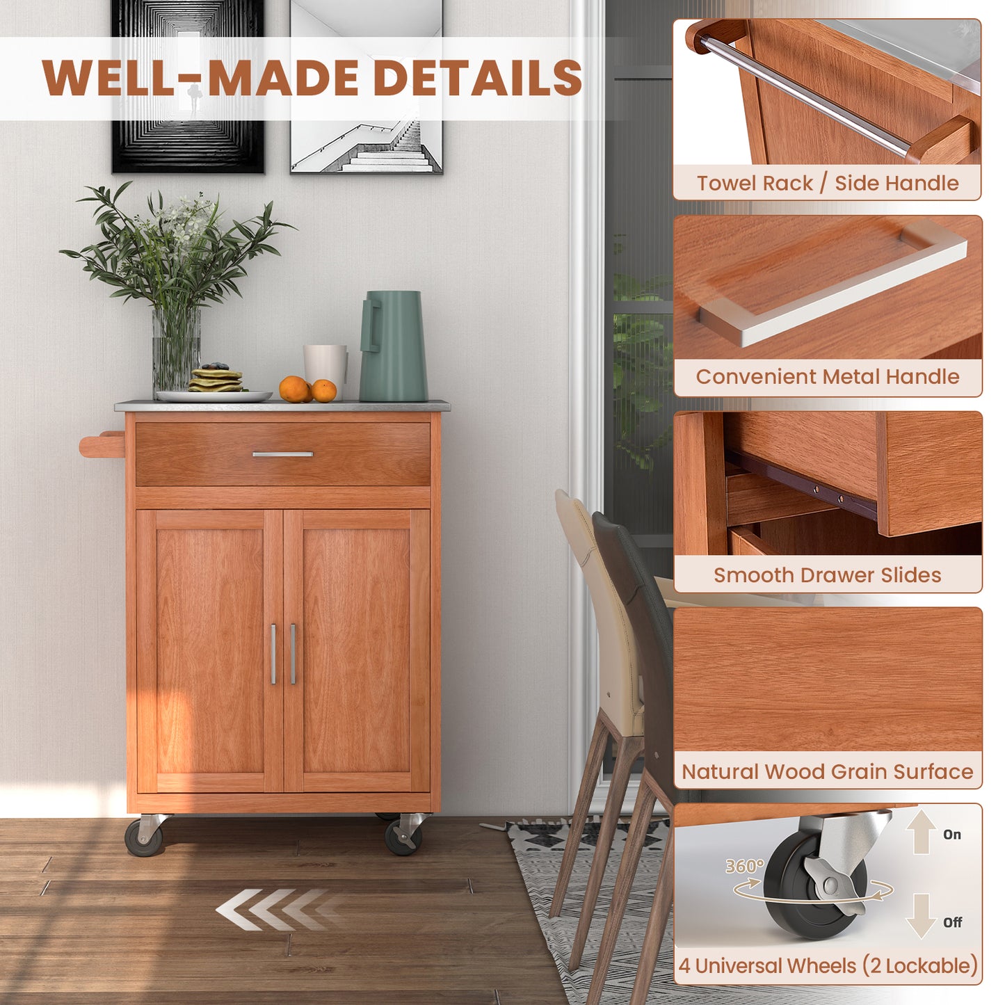 Wooden Kitchen Rolling Storage Cabinet with Stainless Steel Top, Brown Kitchen Islands & Carts at Gallery Canada