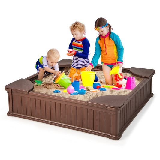 Kids Outdoor Sandbox with Oxford Cover and 4 Corner Seats, Brown at Gallery Canada