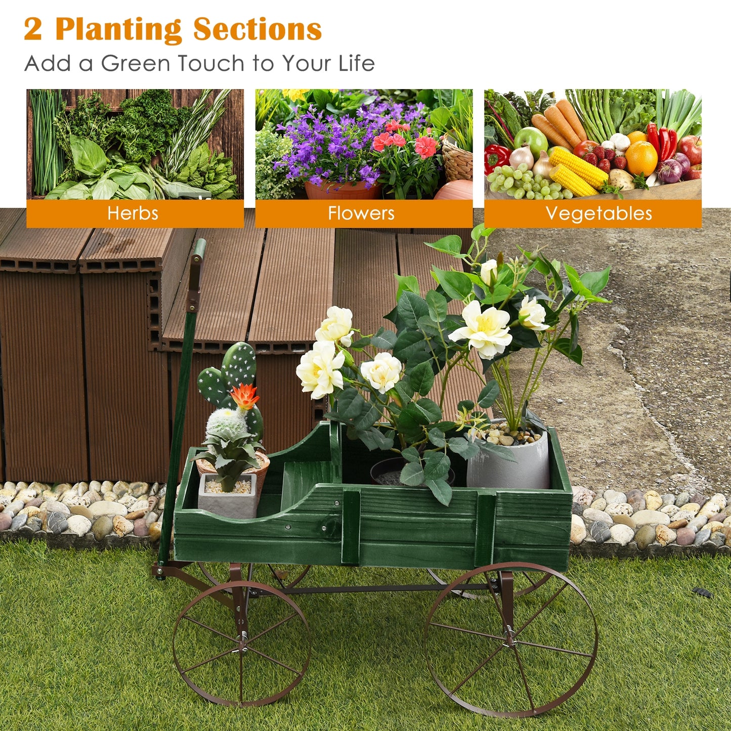 Wooden Wagon Plant Bed With Wheel, Green Plant Stands at Gallery Canada