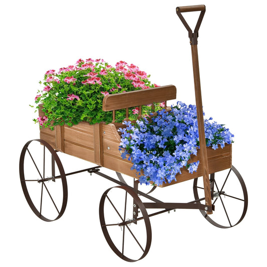 Wooden Wagon Plant Bed With Wheel for Garden Yard, Brown at Gallery Canada