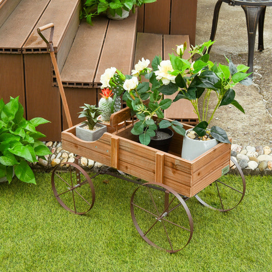 Wooden Wagon Plant Bed With Wheel, Brown