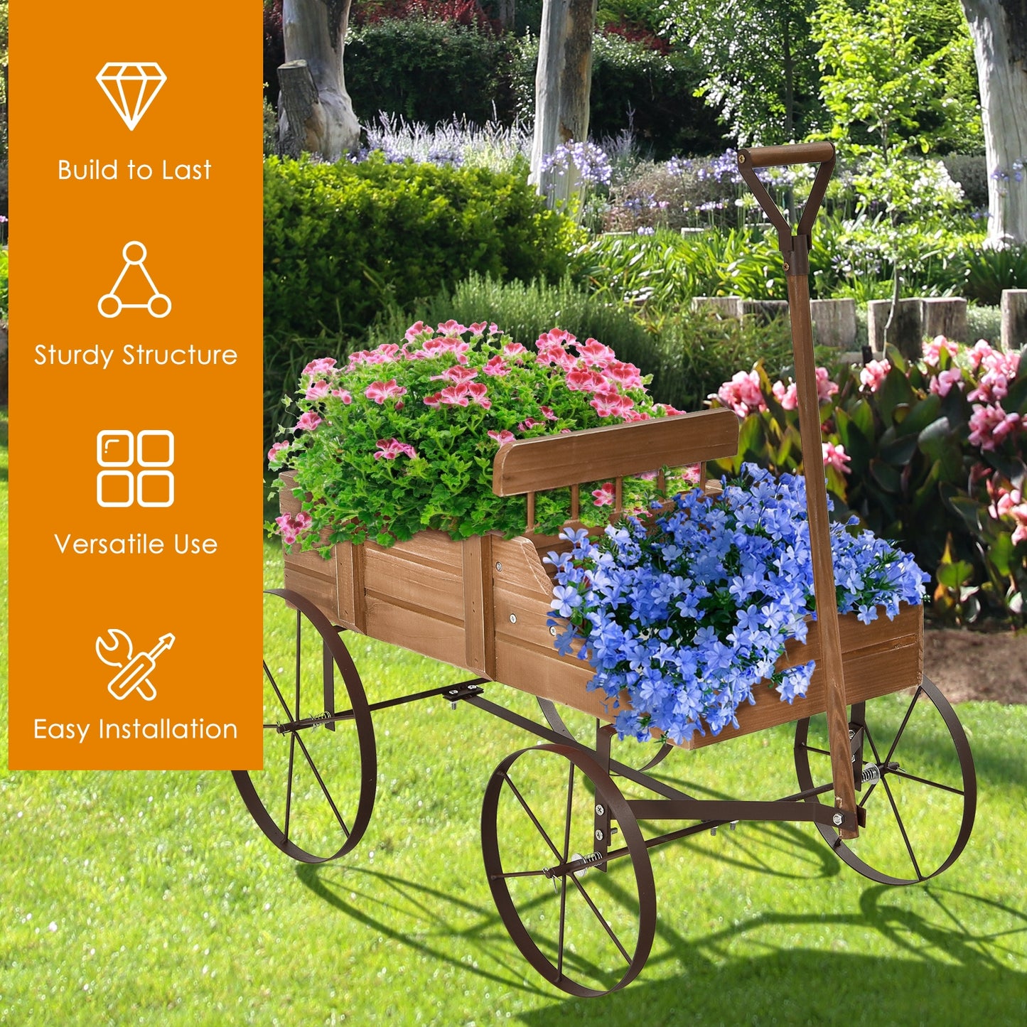 Wooden Wagon Plant Bed With Wheel for Garden Yard, Brown Plant Stands at Gallery Canada