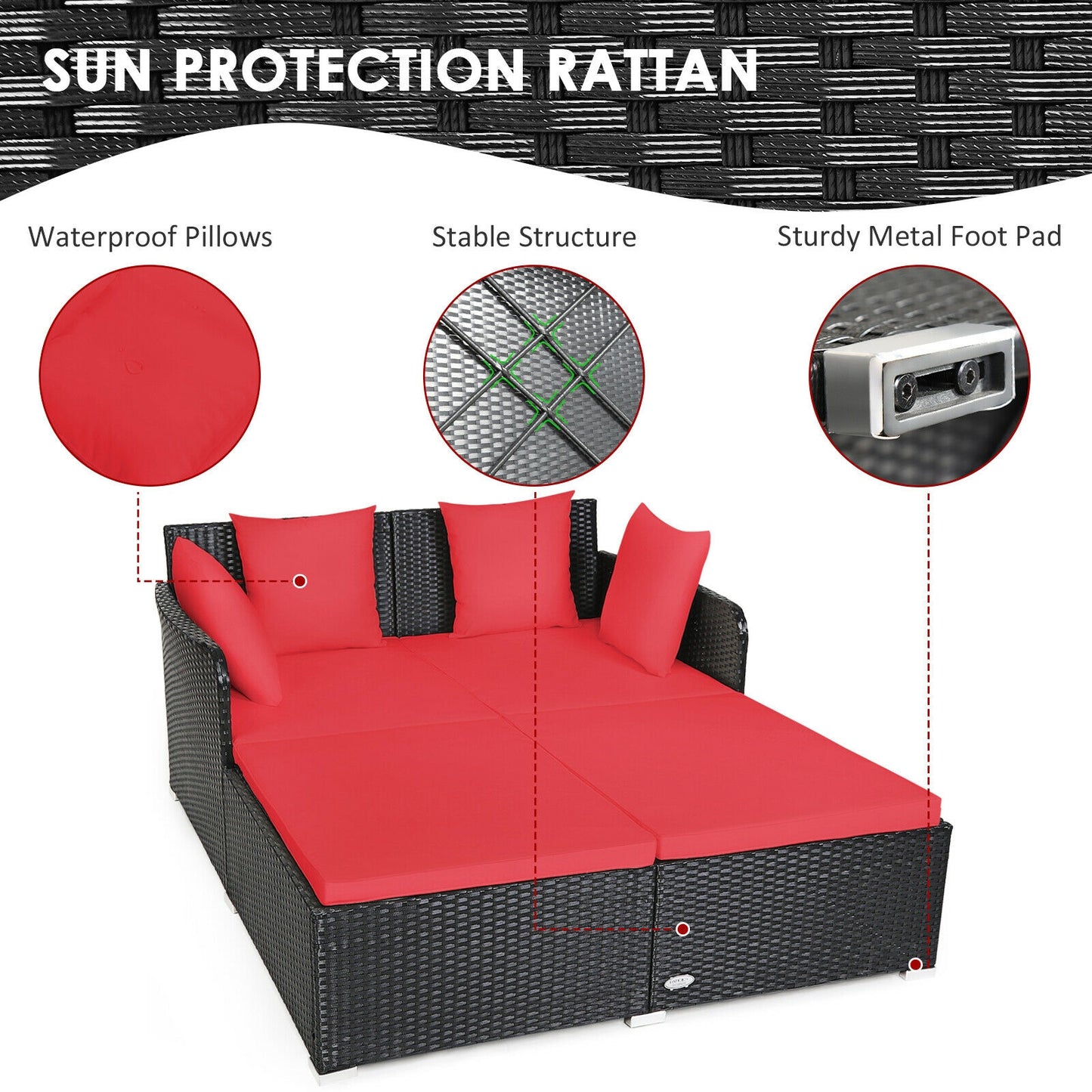 Outdoor Rattan Daybed With Upholstered Cushions, Red