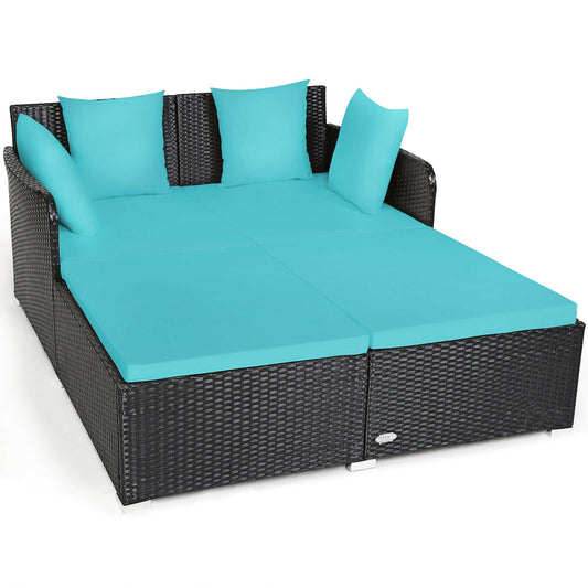 Spacious Outdoor Rattan Daybed with Upholstered Cushions and Pillows, Turquoise at Gallery Canada