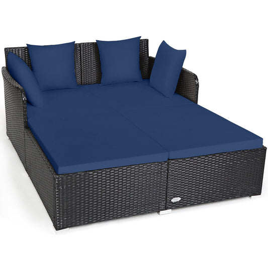 Spacious Outdoor Rattan Daybed with Upholstered Cushions and Pillows, Navy