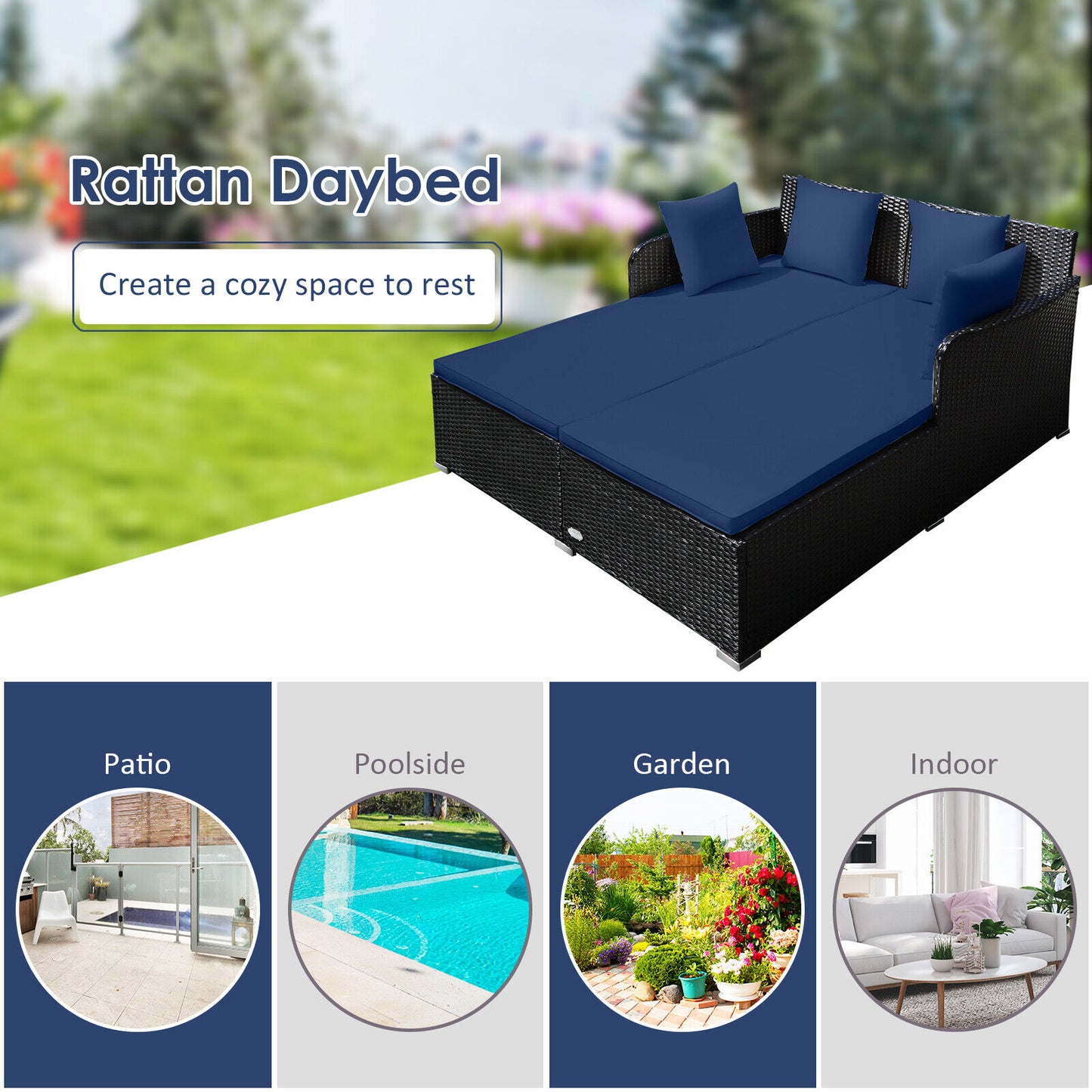 Spacious Outdoor Rattan Daybed with Upholstered Cushions and Pillows, Navy Outdoor Sectionals at Gallery Canada