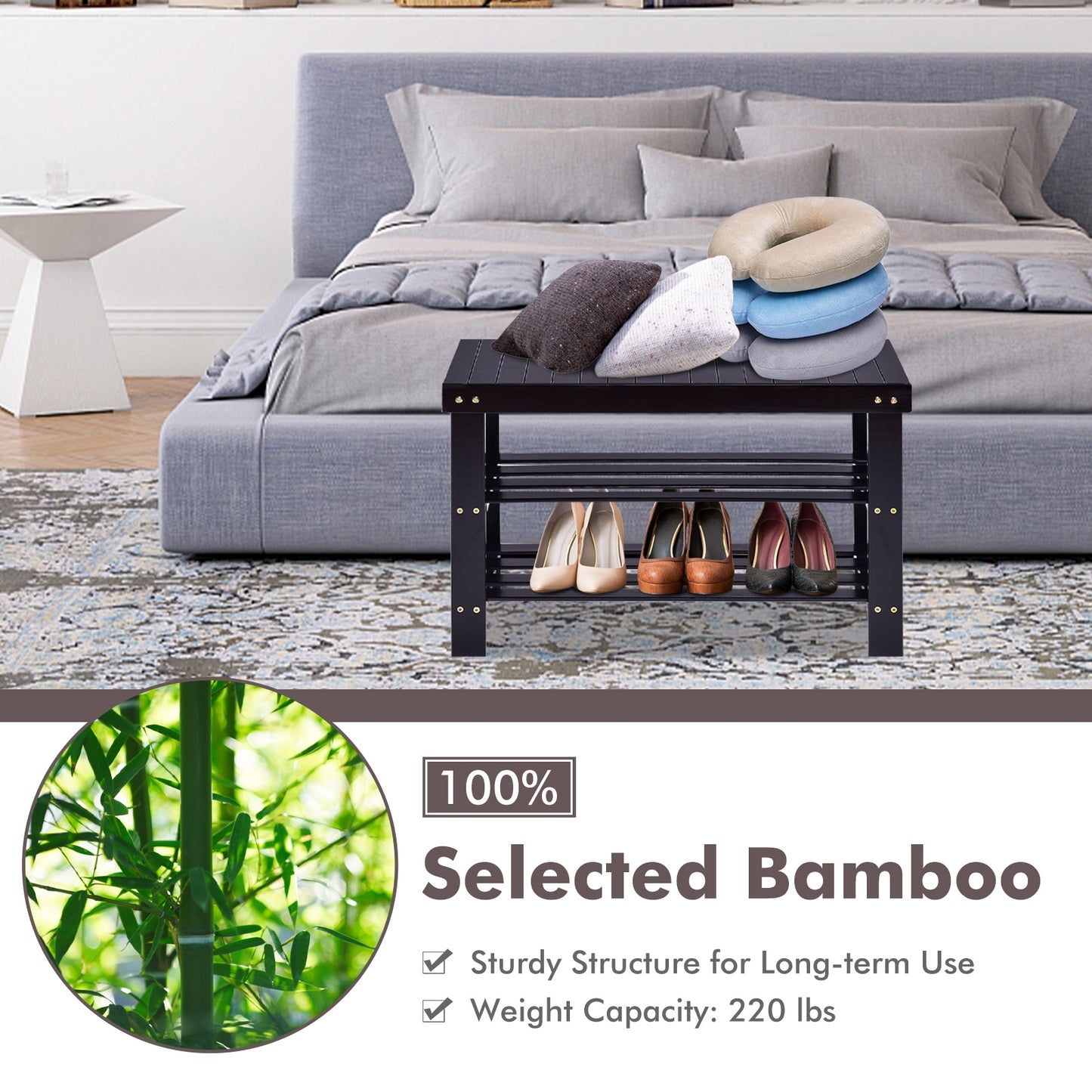 3 Tier Bamboo Bench Storage Shoe Shelf, Black Shoe Racks & Storage Benches at Gallery Canada