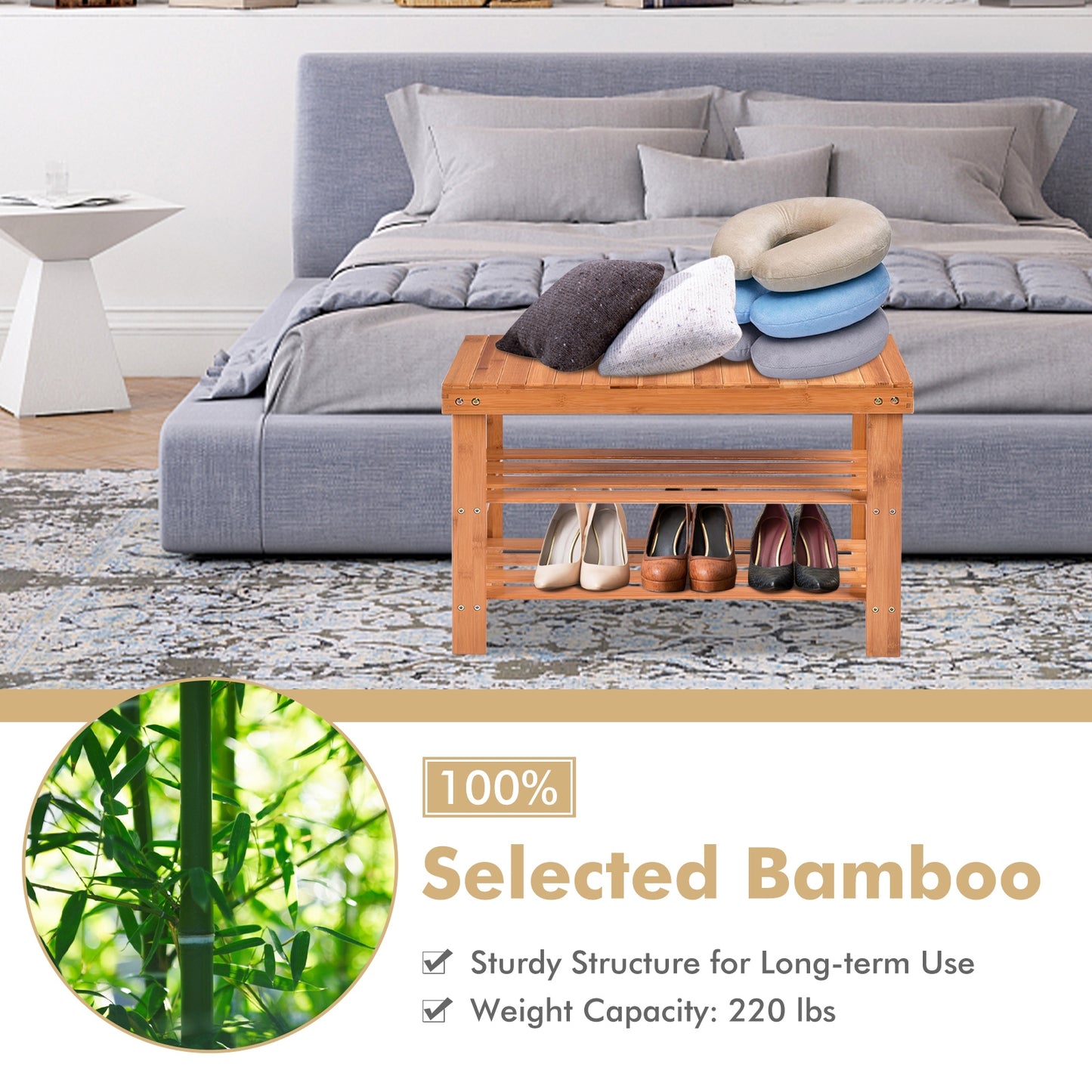 3 Tier Bamboo Bench Storage Shoe Shelf, Natural Shoe Racks & Storage Benches at Gallery Canada