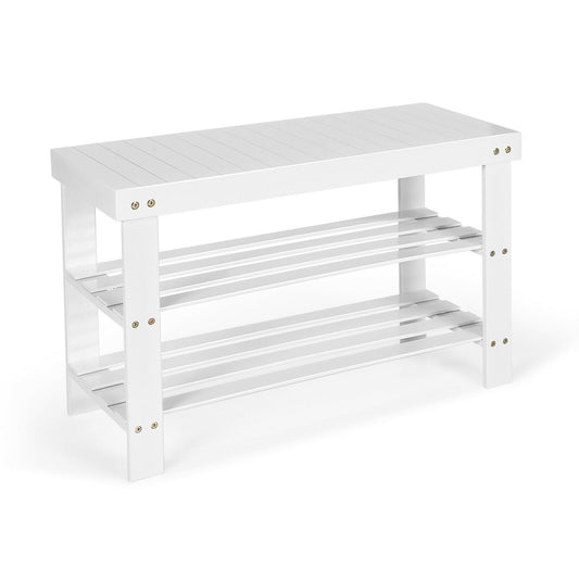 3-Tier Bamboo Shoe Bench Holds up to 6 Pairs for Entry, White