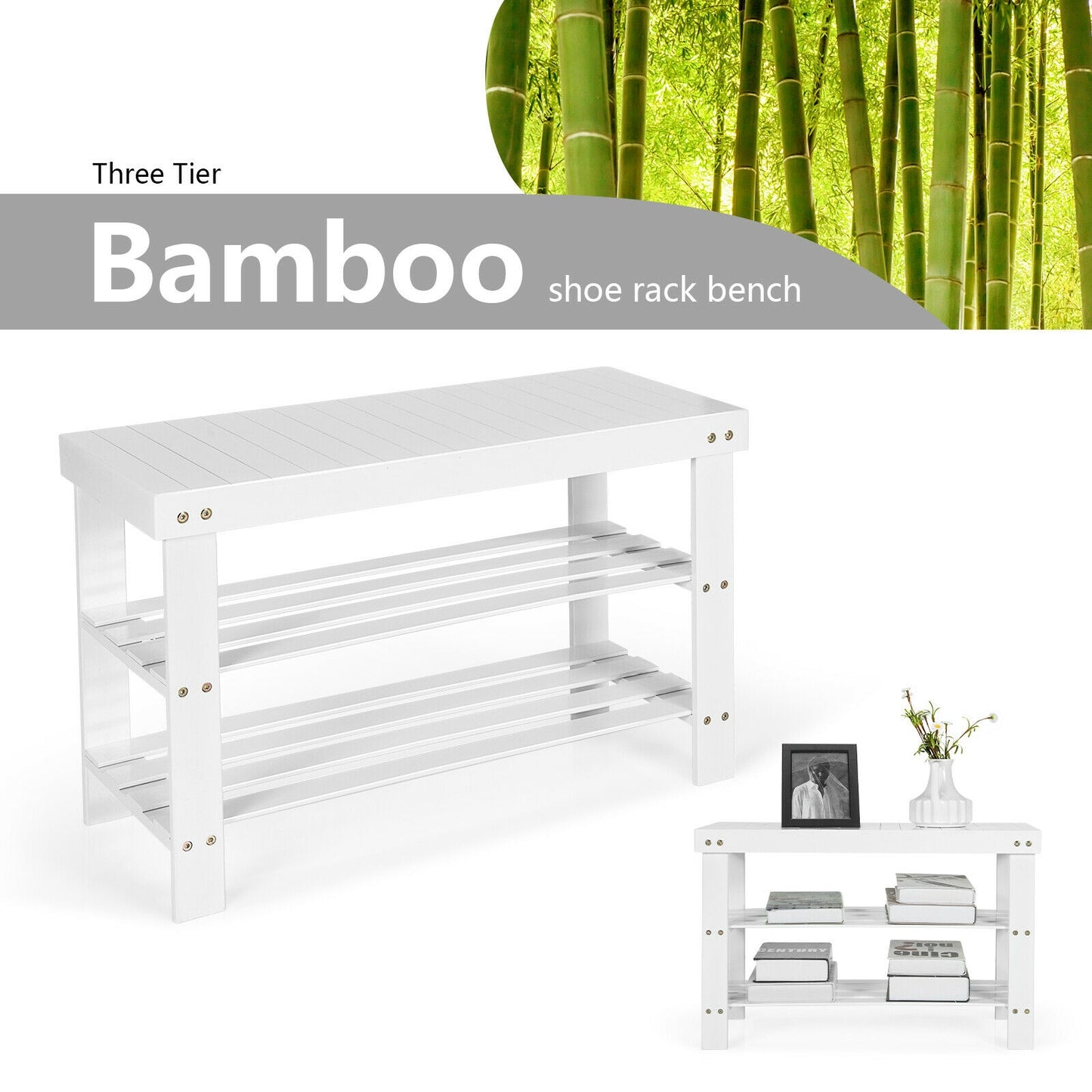 3-Tier Bamboo Shoe Bench, Holds 6 Pairs, White Shoe Racks & Storage Benches at Gallery Canada