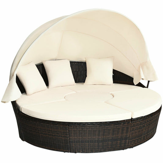 Patio Round Daybed Rattan Furniture Sets with Canopy, White at Gallery Canada