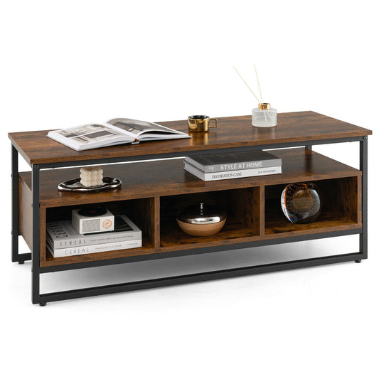 3-Tier Industrial Style Coffee Table with Open Shelf and 3 Storage Cubbies, Rustic Brown