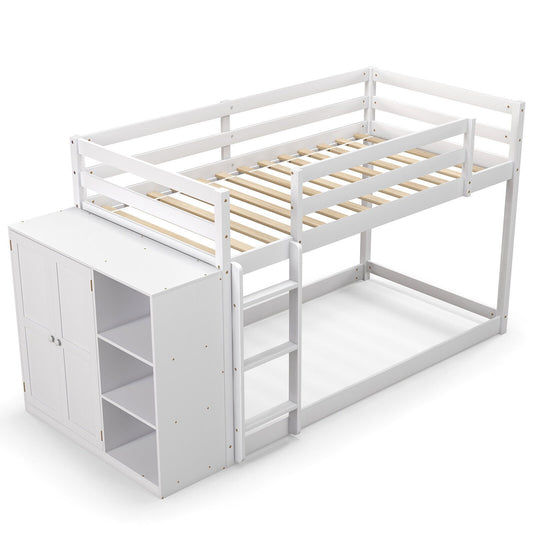 Twin Size Bunk Bed with Convertible Bookcase and Ladder, White