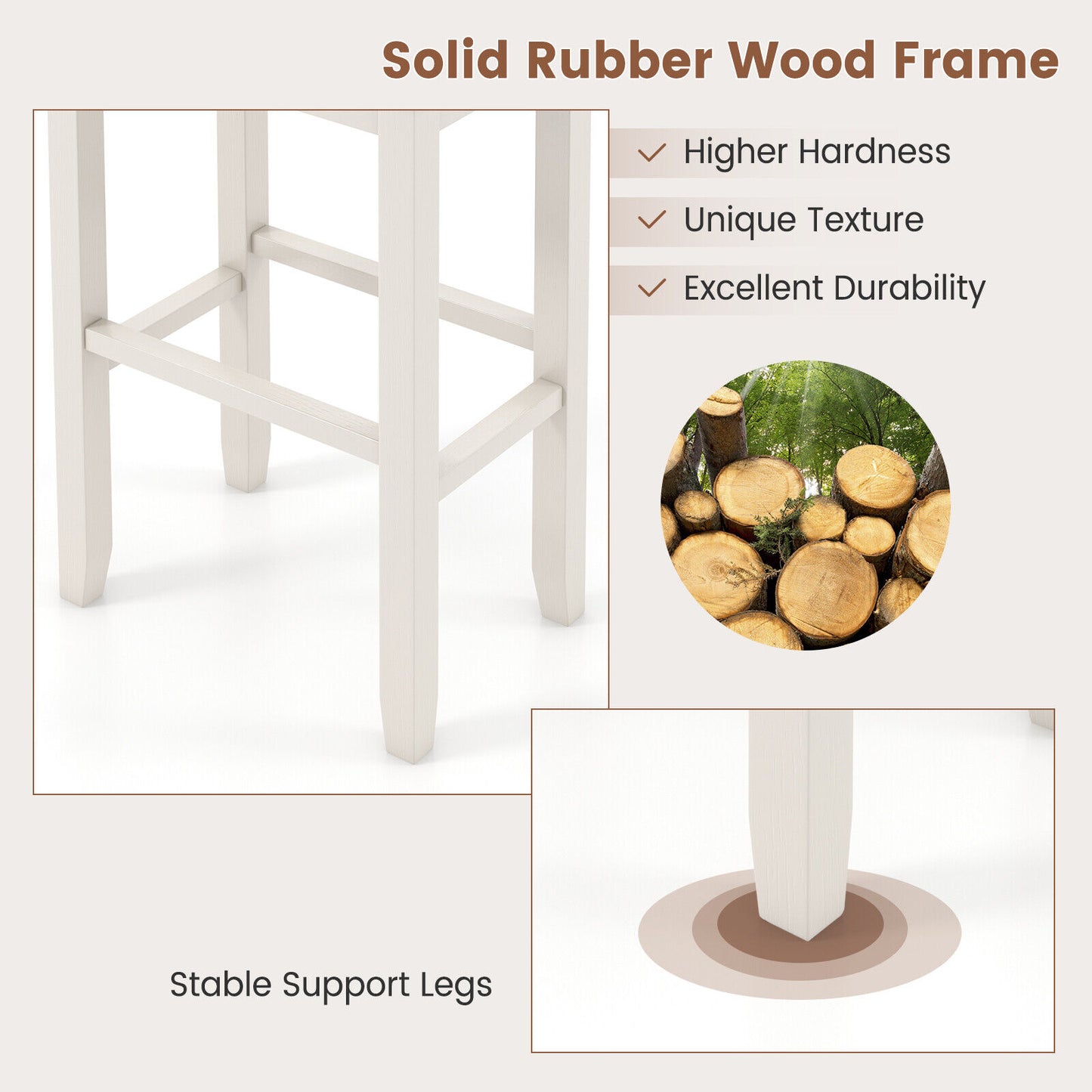 31 Inch Upholstered Bar Stool Set, Solid Rubber Wood Frame, White, Griege Bar Stools at Gallery Canada